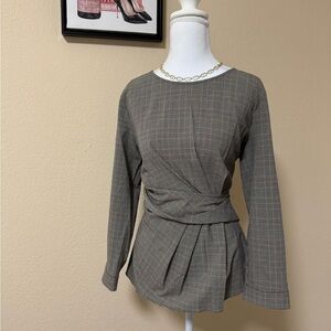 Ann Taylor Black and Gray Plaid Wrap Blouse